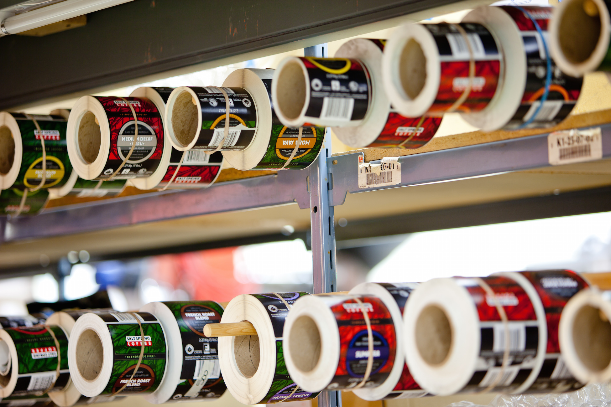 Coffee Labels at the Saltspring Coffee Processing Facility